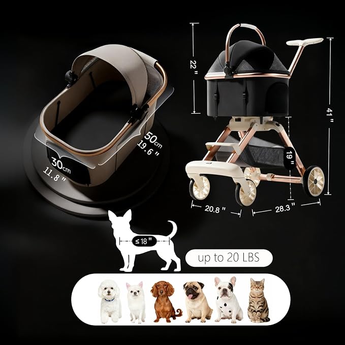 All-Terrain Pet Stroller for Small Medium Dogs & Cats,20 lbs Capacity - Portable Carrier with One-Touch Brake, Lightweight Foldable Design & Shock Absorption Wheels,Black