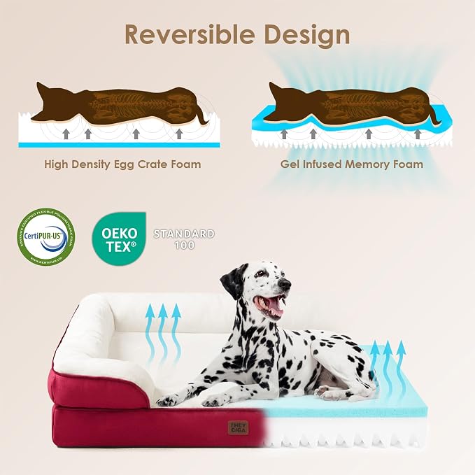 EHEYCIGA Orthopedic Extra Large Dog Bed, Waterproof Washable XL Pet Bed 44" | Non-Slip Bottom and Egg-Crate Memory Foam Big Dog Couch Bed with Washable Removable Cover, Red, 44Inch