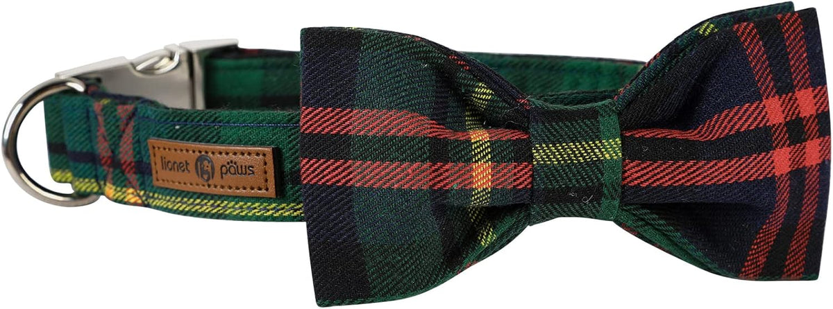 Lionet Paws Christmas Dog Collar with Bowtie Durable Adjustable Handmade Comfortable Bow Tie Dog Collar Green with Metal Buckle for XL Dogs,Girl Boy,Party,Festival,Holiday Style,Neck 16-26in