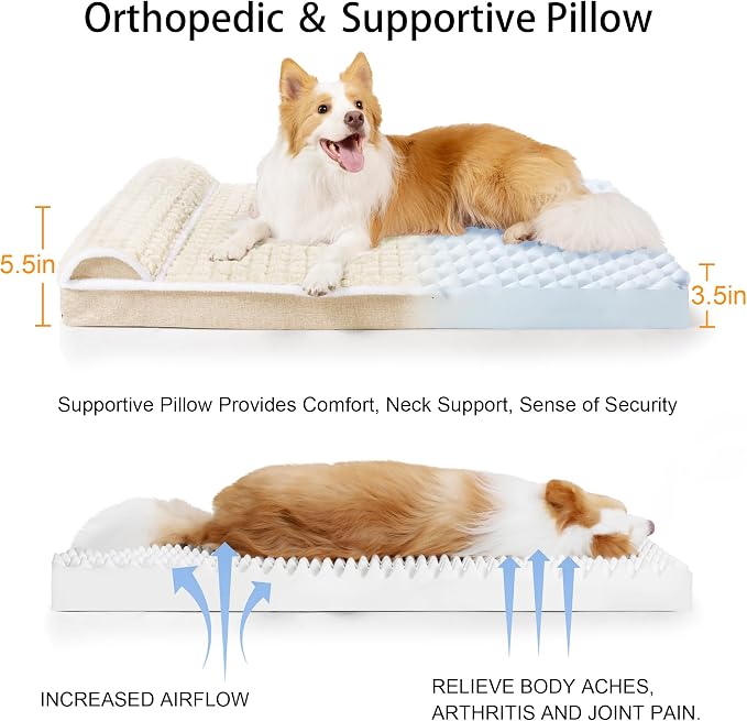 Orthopedic Large Dog Bed Pillow Pet Sofa Bed 36''X24'' Ivory | Egg-Crate Foam Pet Couch Large Sized Dog, Waterproof Removable Washable Cover,Furry Puppy Crate Mat With Nonskid Bottom