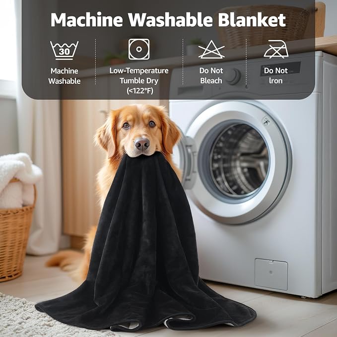 LOOBANI Waterproof Blanket for King Bed, Reversible Flannel 85"x108", Black | Waterproof Dog Blankets for Large Dogs, Spill-Proof Couch Cover for Family Movie Nights, Camping, Travel, Noise Free