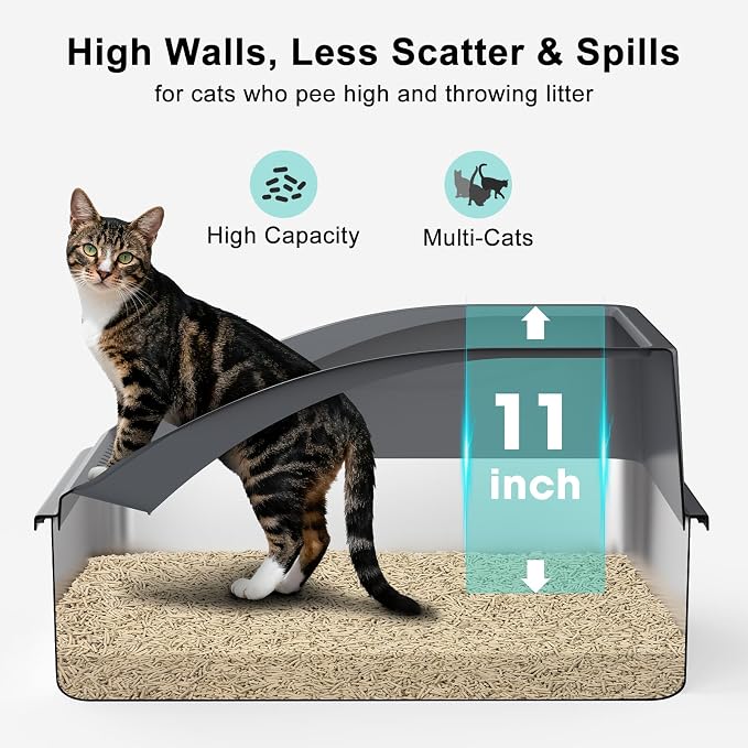 AIPERRO Stainless Steel Litter Box | XL Enclosed Cat Litter Boxs with Lid for Big Cats | High Sided, Anti-Urine Leakage | Non-Stick Bottom & Includes Scoop