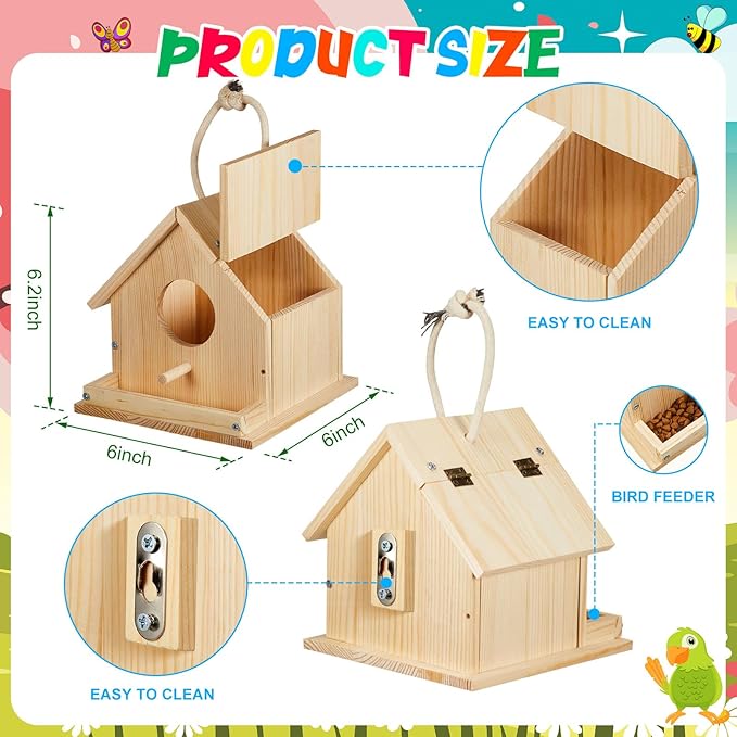 Liliful 4 Sets Wooden DIY Birdhouse Kit Unfinished Bird Houses with Paints and Paintbrushes Bird Feeder Craft Arts for Boy or Girl Classroom Activity and Christmas Kids Wooden Craft Gifts