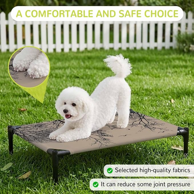 Outdoor Elevated Dog Bed for Medium Dogs, Brown Black Branches Breathable Cooling Raised Dog Cot for Indoor/Outdoor, Botanical Dead Tree Birds Waterproof Elevated Pet Beds, M 24 x 20 in