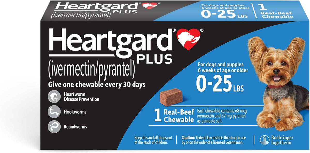 HEARTGARD® Plus (ivermectin/pyrantel) Real-Beef Chewables for Dogs up to 25 lbs (Blue Box) 1 Month Supply of Chews (Heartworm Disease Preventive)