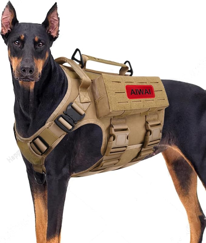 AIWAI Tactical Dog Harness with Handle for Large Dogs,2X Metal Buckle, Dog MOLLE Vest with Pockets,No Pull Adjustable Pet Harness, Easy Control Dog Vest Harness for Working Training (Khaki, Medium)