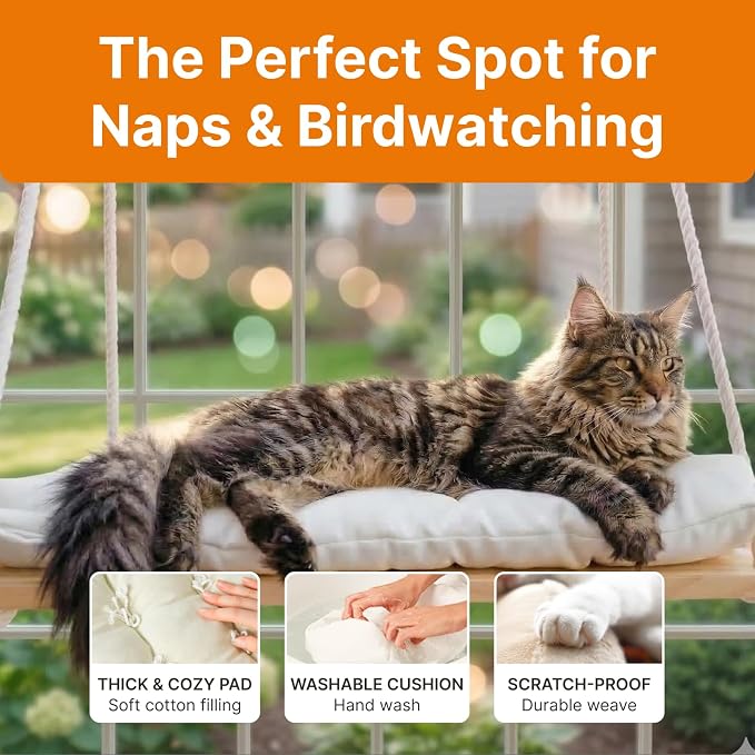 Large Cat Window Perch with Industrial-Grade Suction Cups – Solid Pine Wood Hammock Bed, Soft Cushion - 42 lb Capacity for Heavy Cats Inside