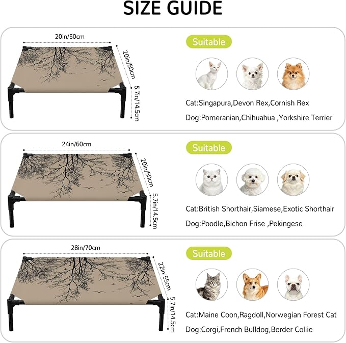 Outdoor Elevated Dog Bed for Small Dogs, Brown Black Branches Breathable Cooling Raised Dog Cot for Indoor/Outdoor, Botanical Dead Tree Birds Waterproof Elevated Pet Beds, S 20 x 20 in