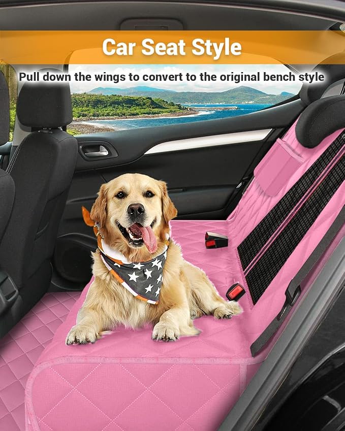 Dog Car Seat Cover, 600D Heavy Dute Car Seat Cover for Dogs Pets, 100% Waterproof Anti-Scratch Nonslip Dog Hammock for Cars, Seat Covers Protector with SeatBelt for Sedan SUV Truck Standard Pink