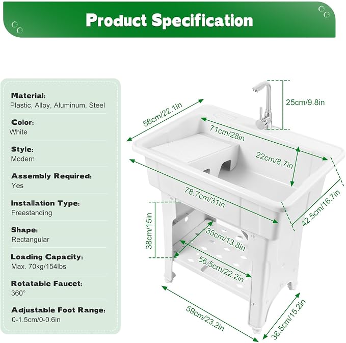 Plastic Utility Sink with 360° Swivel Hot and Cold Faucet White | 154 lbs Load Capacity, Equipped with Hose Hook Up, Includes Washboard, Bottom Storage Board, Suitable for Garages and Gardens