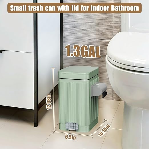 Dog Poop Trash Can for Outside & Indoor, 5L/1.3Gal Small Pet Waste Bin with Odor Control Carbon Filter, 2-Way Open (Step & Press Top), Dog Waste Container with Trash Bag Holder, Green