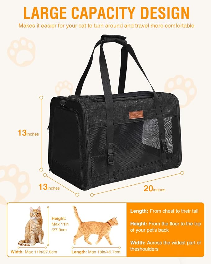 PETUX Large Pet Carrier for Large Cats up to 20 lb for Travel | Top & Side Entry, 4 Side Breathable, Foldable Soft Cat Travel Carrier with Safety Car Seat Buckle & Anti-Scratch Mesh, Black