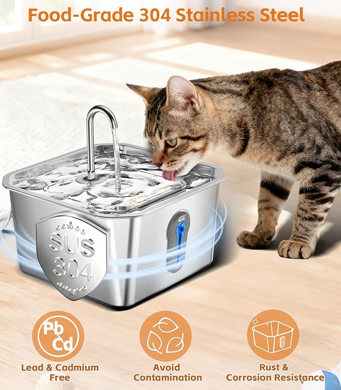 4L/135oz Large Cat Water Fountain Stainless Steel with 4 Filters Pet Water Fountain for Cats Quiet Indoor Pets Dog Small Animal Automatic Dog Water Dispenser for Drinking Watering Supplies