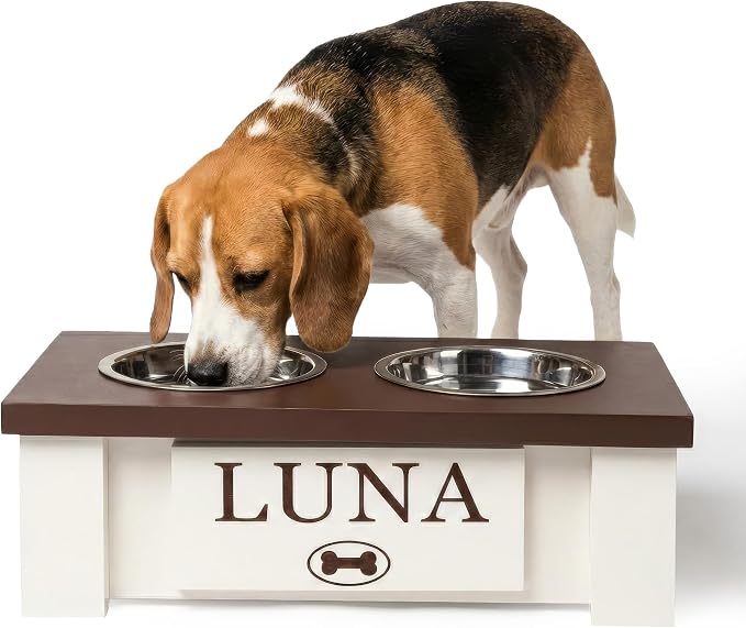 Elevated Dog Bowls for Small Dogs, Personalized Food Stand for Toy Breed | Farmhouse Style, Elevated Wood Stand, Storage Container, Stainless Steel Bowls, Raised Anti-Slip Feeder, Made in USA