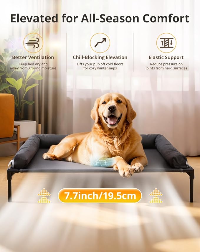 Cooling Elevated Dog Bed, 30x41.8 Raised Dog Bed with Removable Bolster Cushion, Breathable Mesh, Non-Slip Feet, and Metal Frame for Large Breeds Indoor Outdoor | Raised Dog Bed with Removable Bolster Cushion, Sturdy Metal Frame, Non-Slip Feet, for Lar...