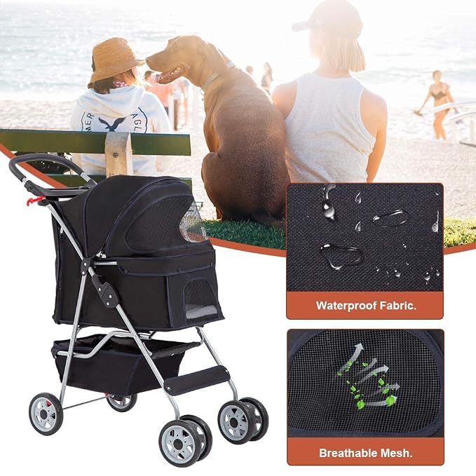 BestPet Pet Stroller Cat Dog Cage Stroller Travel Folding Carrier,Black