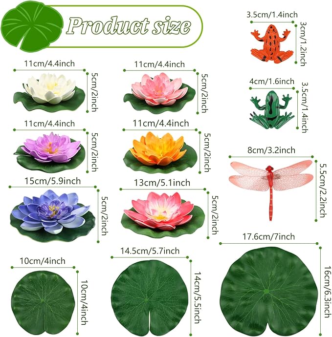 QUOZUO 22 Pack Artificial Floating Foam Lotus Flowers with Artificial Frog Lotus Leaves, Lily Pads for Lake, Pond Plants Ornaments for Pool Water Decoration, Colorful