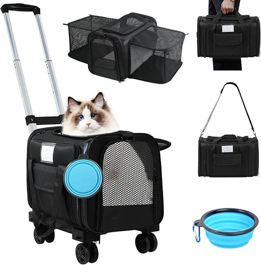 Pet Carrier Airline Approved, Expandable Pet Cat Carriers with Wheels for Dogs, Airline Approved Cat Dog Carrier, TSA Approved Pet Carrier in Cabin, Pet Dog Cat Carrier Soft, Cat Travel Carrier(Grey)
