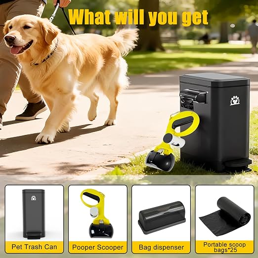 Dog Poop Trash Can Outside,3Gal Metal Outdoor Trash Can,Outdoor Dog Poop Trash Can with Lid for Odor Control - Includes Poop Scooper for Dogs & Bin Bag Holder (Black)