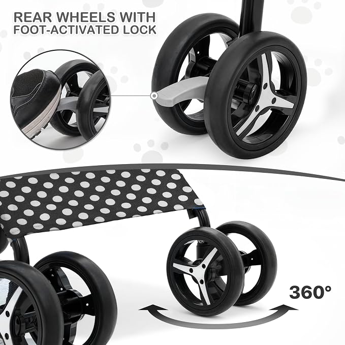 MoNiBloom 4 Wheels Pet Stroller, Easy-Fold Umbrella Shaped Dog Cat Jogger Stroller w/Storage Bag & Visible Mesh for Small/Medium Dogs Cats Black Polka Dots
