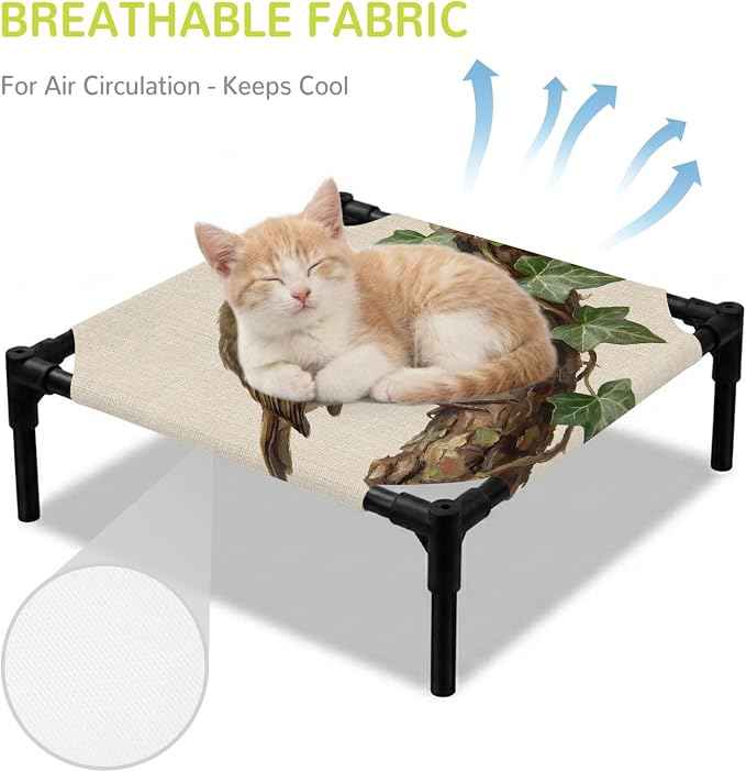 Outdoor Elevated Dog Bed for Small Dogs, Bird Breathable Cooling Raised Dog Cot for Indoor/Outdoor, Ivy Branch Animal Green Botanical Leaf Rustic Waterproof Elevated Pet Beds, S 20 x 20 in