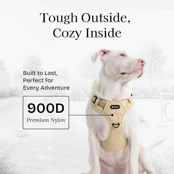 Fei & Eve Classic Dog Harness, MagEase Magnetic Buckle | 3-Point No-Pull Control, Dual Handle Support, 900D Nylon, Tactical Patch Panel, Heavy Duty, X-Large, Champagne