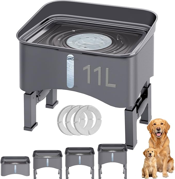 UPSKY 2.9Gal No Spill Dog Water Bowl, 4 Height Adjustable Elevated Bowl with Slow Drinking Feeder for Senior Dogs, Anti-Splash Floating Disk & Filter, Large Capacity for Large Dogs & Multi-Pet Homes