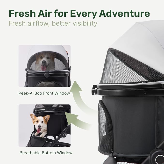 3-in-1 Pet Stroller for Medium Dogs & Cats, Detachable Aluminum Frame Carrier, All-Terrain 4-Wheel Dog Travel Carriage, Shock Absorption, Easy-Entry Low Door, Max 55lbs - Darkgrey
