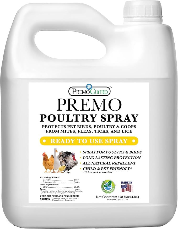 Premo Guard Poultry Spray - 128 oz - Kill Scaly Leg, Mites, Fleas, Lice, & Other Pests on Chickens and in Coops - Natural Plant Based Oils for Control & Prevention - Family Safe with No Egg Withdrawal