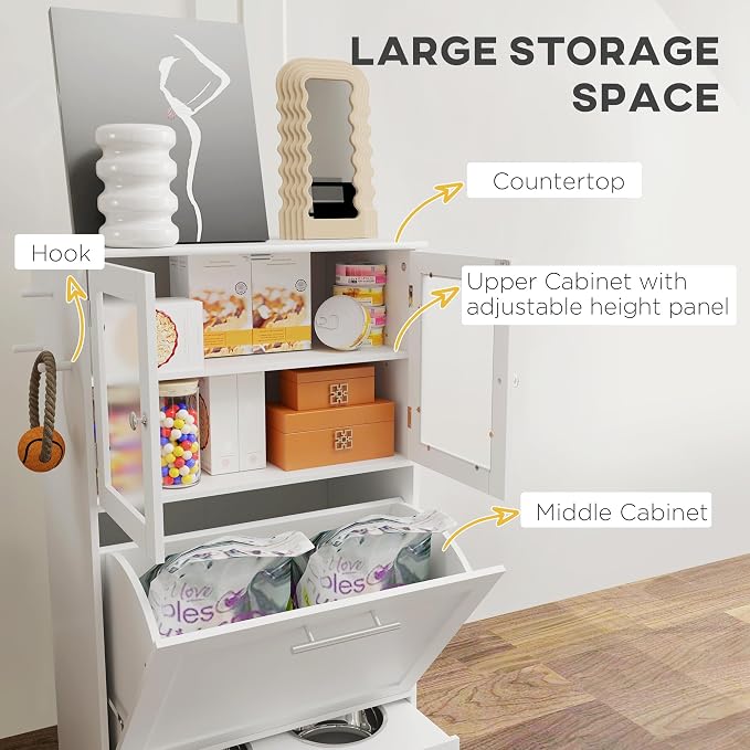 PawHut Dog Feeding Station, 2 Storage Cabinets, Elevated Dog Bowls, White | Side Hooks, Anti-tip Kit, Hidden Pet Feeder Station for Feeding & Watering