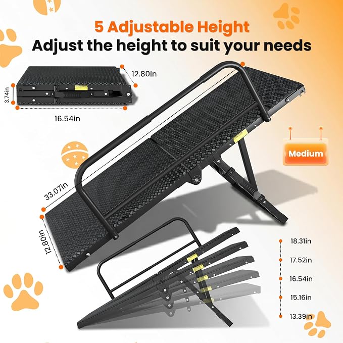 Dog Ramp for Bed,Couch,Car, 5-Level Adjustable Foldable Pet Ramp | With Non-Slip Rubber Surface & Safety Side Rail, Adjustable Height 13"-18.3", For Small & Medium Dogs, Supports Up to 200 lbs