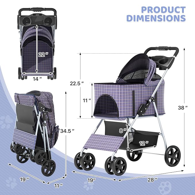 Magshion Foldable Pet Stroller, 3-in-1 Dog Travel Jogger with Detachable Carrier, Cup Holder, Storage Basket, Folding Carrier for Small/Medium Dogs & Cats Up to 33 lbs, Plaid