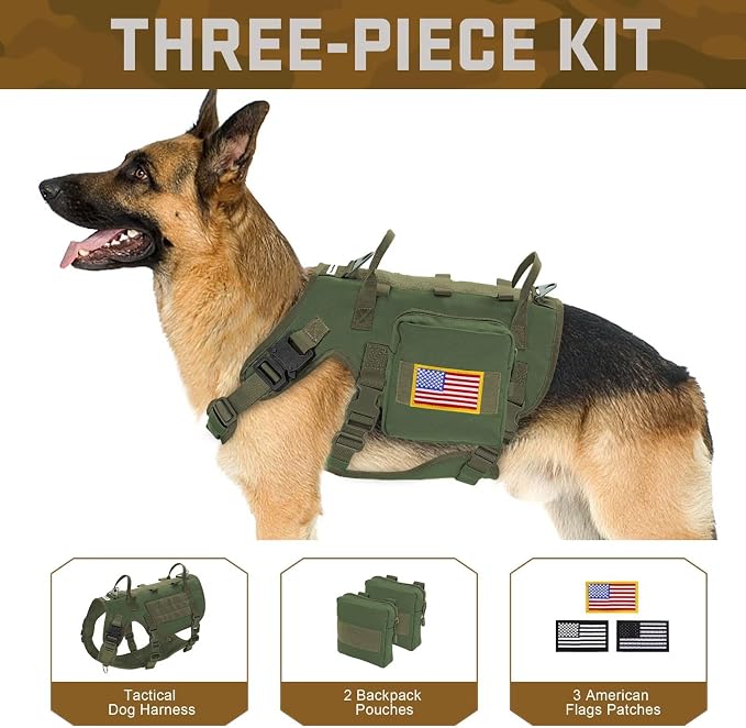 Forestpaw Tactical Dog Harness Pouches and Patches Set,S,Green | Adjustable Fits 17-25" Chest,20-35 lbs,No Pull Military Style Service Dog Vest for Daily Walking Training,Medium Dogs