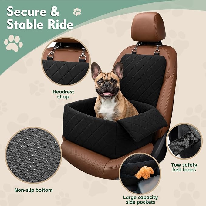 Dog Car Seat with Foldable Armrest for Small/Medium Dogs, Pet Travel Bed (Black)
