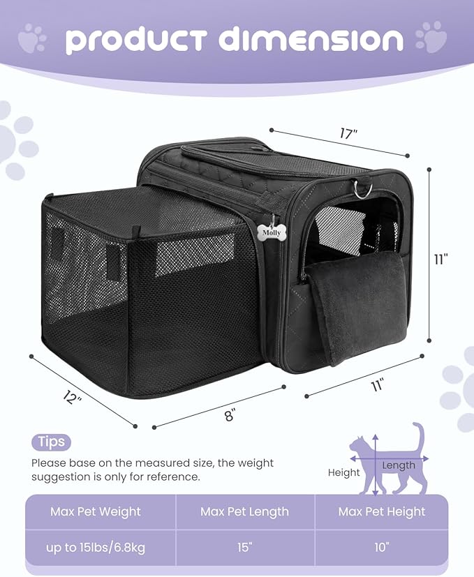 MIDOG Cat Carrier Soft for Small-Medium Cats Up to 15lbs, Airline Approved | Expandable Square Design,Comfort & Breathable Window,Equipped with anti-slip lock zippers and an internal safety leash
