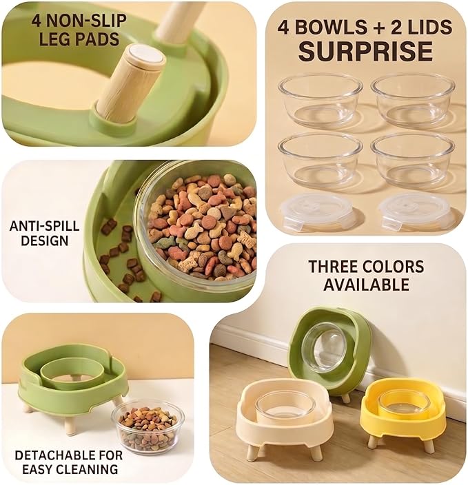 Ant Not Cross Elevated Cat Bowls Mess Proof-2 Food Grade Glass Bowls & 1 Lids- No Spill Cat Food and Water Feeding Station for Cats&Puppy Indoor & Outdoor,No Whisker Fatigue Dish,Beige