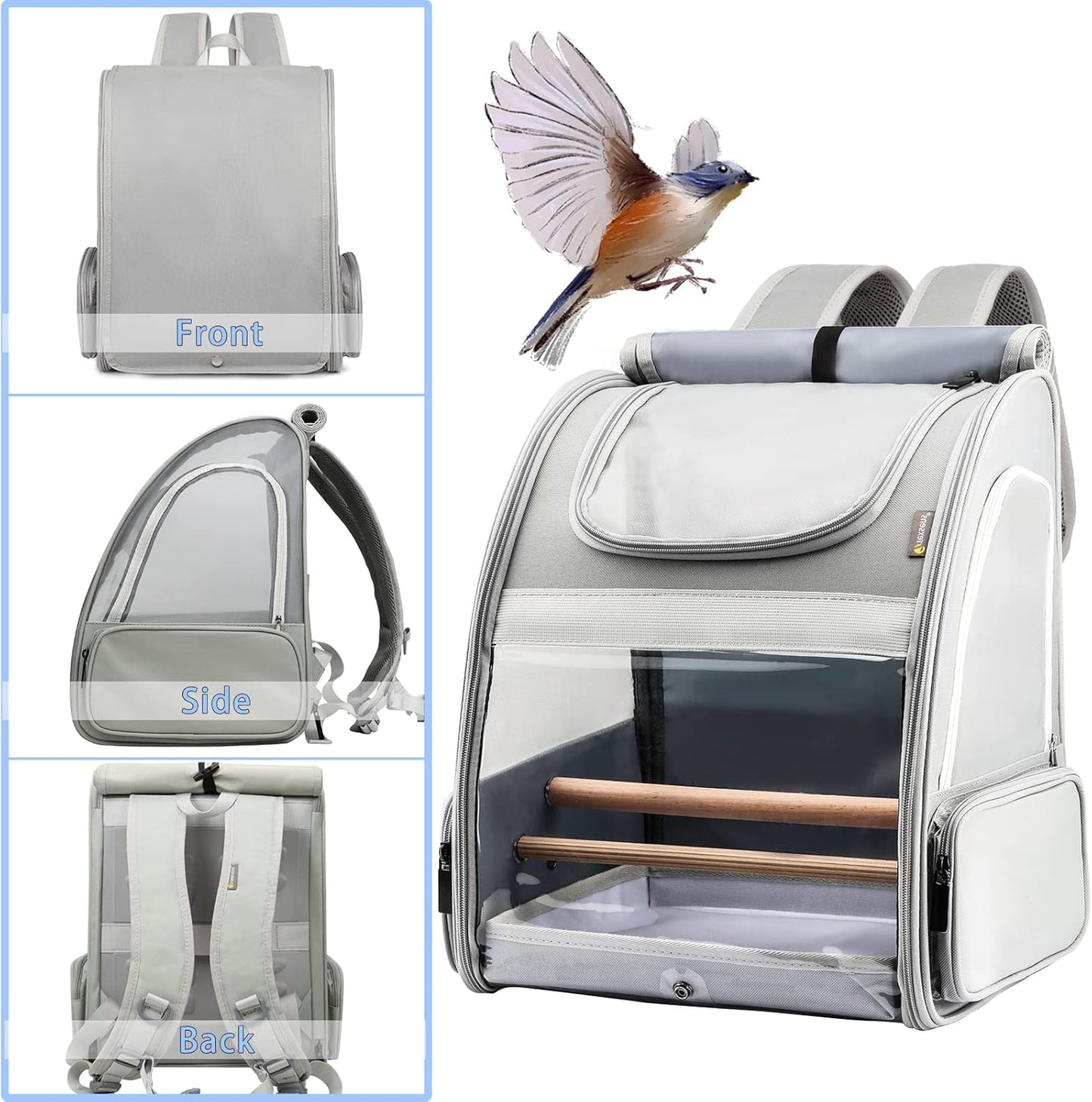 Texsens Bird Carrier Backpack - Pet Travel Cage with Upgraded Tray and Standing Perches, Breathable & Portable, for Small Birds, Green Cheek, Cockatiel, Parrot (Grey)