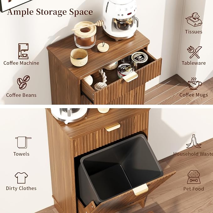 Dog Feeding Station,Dog Food Storage Cabinet,Pet Feeding Station with 2 Elevated Bowls,Hidden Pet Feeder Station with Hooks (Tilt-Out Dog Feeding Station-Walnut)