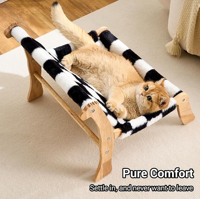 Solid Wood Cat Couch Bed for Indoor Cats, Modern Cat Sofa with Ultra-Soft Plush Surface Washable, Reclined Backrest, Elevated Plush Cat Lounge for Small to Adult Cats, Black & White