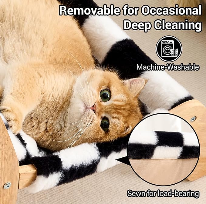 Solid Wood Cat Couch Bed for Indoor Cats, Modern Cat Sofa with Ultra-Soft Plush Surface Washable, Reclined Backrest, Elevated Plush Cat Lounge for Small to Adult Cats, Black & White
