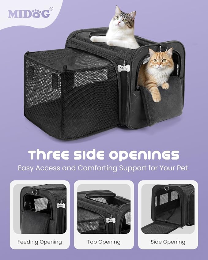 MIDOG Cat Carrier Soft for Small-Medium Cats Up to 25lbs, Airline Approved | Expandable Square Design,Comfort & Breathable Window,Equipped with anti-slip lock zippers and an internal safety leash