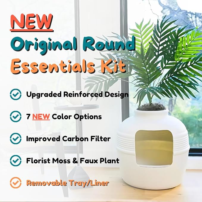 Good Pet Stuff Original Hidden Litter Box Planter, Decorative Cat Litter Enclosure with Carbon Filter, Artificial Palm Plant, Upgraded Design, Easy Clean Litter Tray, Essentials Kit, White Birch