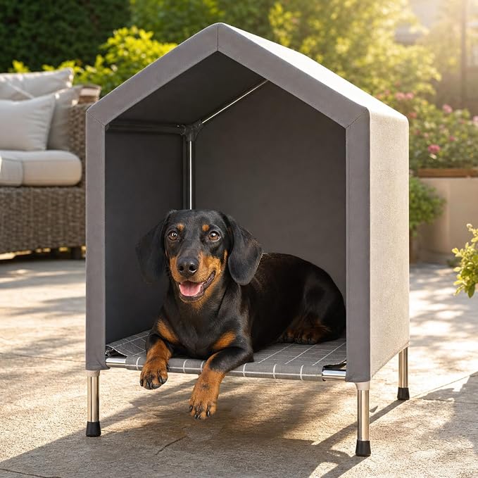 Elevated Dog House for Small Dogs, Raised Dog Bed with Removable Canopy | Weather-Resistant Sunshade Fabric, Indoor & Outdoor Portable Pet Tent, Rust-Proof Stainless Steel Frame, for Small Dogs