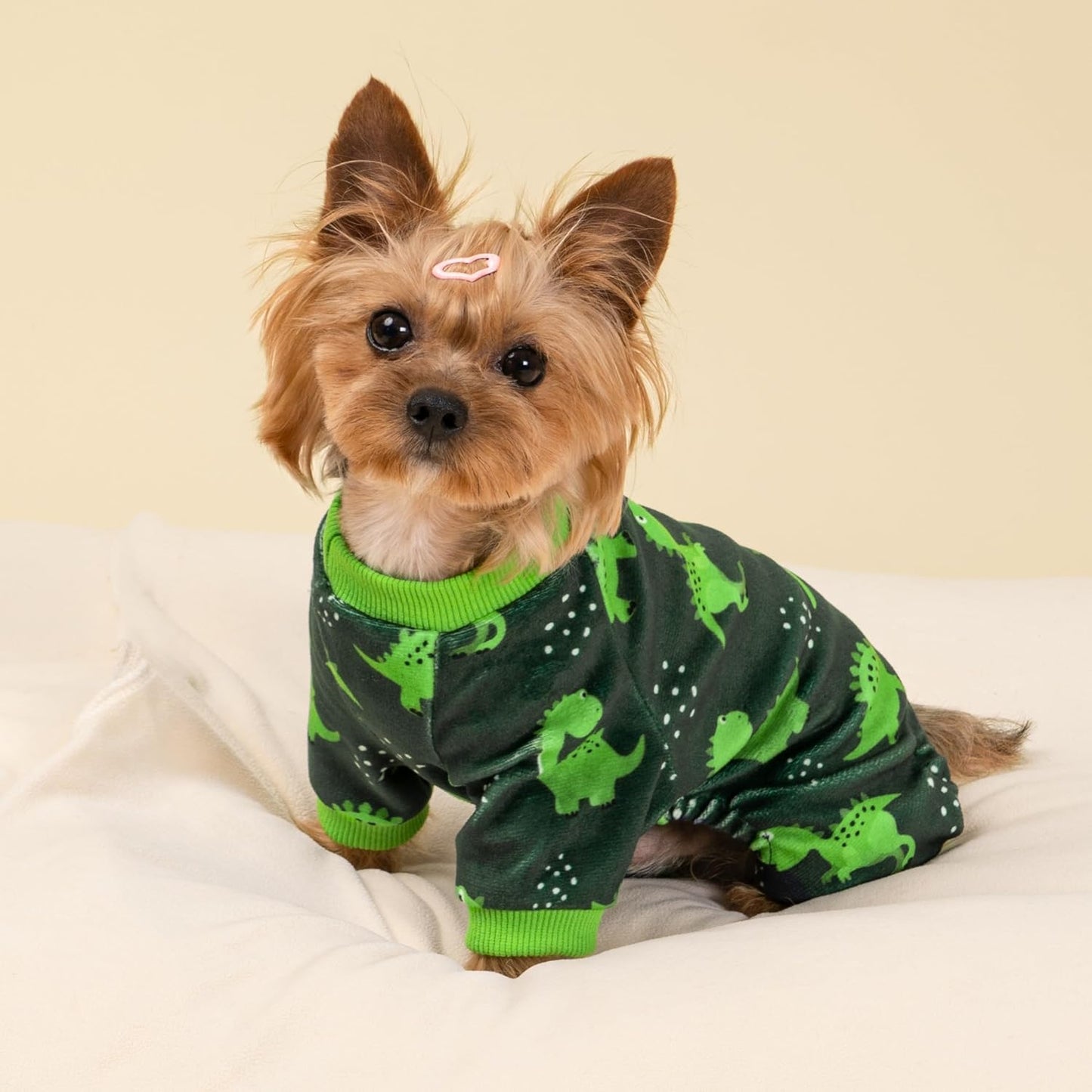 Fitwarm Dinosaur Dog Fleece Pajamas, Warm Clothes for Small Dogs Boy, Cozy Pet Onesie with Feet, Dark Green, Bright Green, Medium