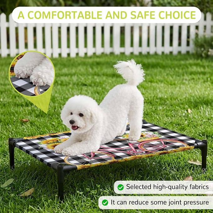 Outdoor Elevated Dog Bed for Medium Dogs, Sunflowers Bicycle Breathable Cooling Raised Dog Cot for Indoor/Outdoor, Summer Budding Botanical Floral Lattice Waterproof Elevated Pet Beds, M 24 x 20 in