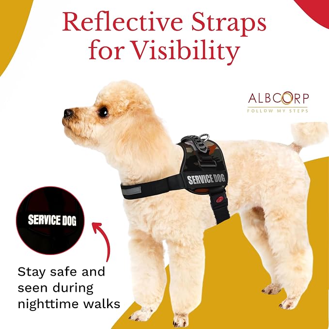 Service Dog Vest Harness – Reflective Service Animal Vest, No-Pull Harness with Handle & Mesh Padding – Sizes XXS-XL for Puppies – 2 Removable Service Patches Included(Small, Green Camo)