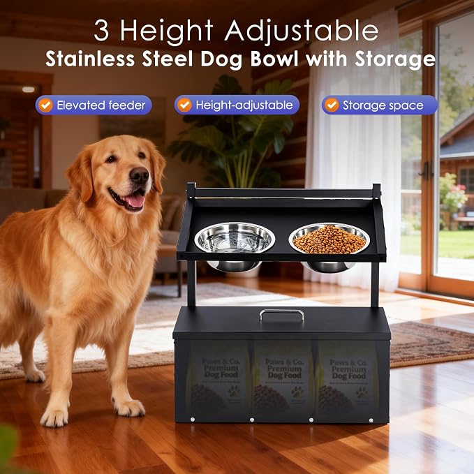 Elevated Dog Water Bowl with Storage Box Large Breed, 3 Adjustable Height | Raised Dog Bowl with Stand, Stainless Steel Pet Food Bowl & Water Bowl Indoor & Outdoor Use, Easy Clean