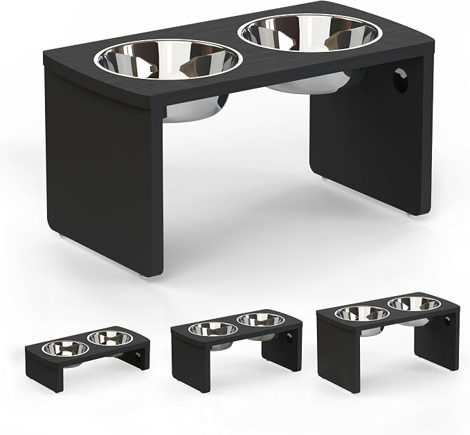 Elevated Dog Bowls, Waterproof Raised Dog Bowl for Medium & Large Dogs, HIPS Poly Lumber Stand with 2 Stainless Steel Bowls, Indoor & Outdoor Use (10'' Tall–48 oz Bowl, Black)
