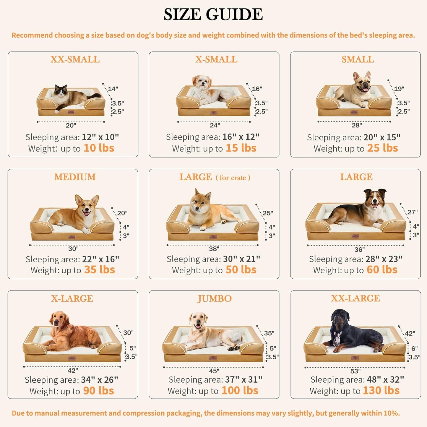 Comfort Expression Small Dog Beds Waterproof Orthopedic Foam Dog Sofa Beds for Medium Dogs Comfy Pet Bed with Washable Removable Cover & Non-Slip Bottom(Small,Khaki)