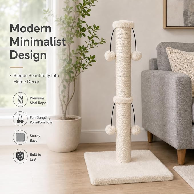 Dimaka 34'' Cat Scratching Post, Cat Scratching Post, Cat Scratcher for Large Cats with Teasing Toy Ball, Natural Sisal White and Grey (Beige)